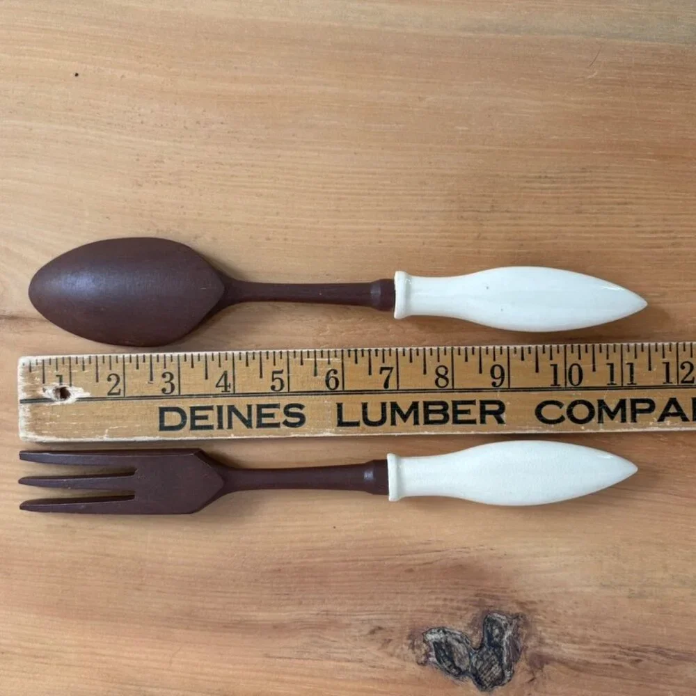 Vintage SOUVENIR Of FLORIDA Wood & Porcelain SALAD Servers FORK & SPOON